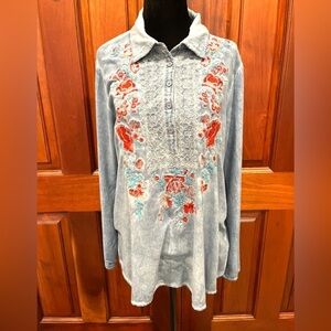 Bad Little Country Girl Embroidery Blouse Women’s Boho Western Sz M Roll sleeve